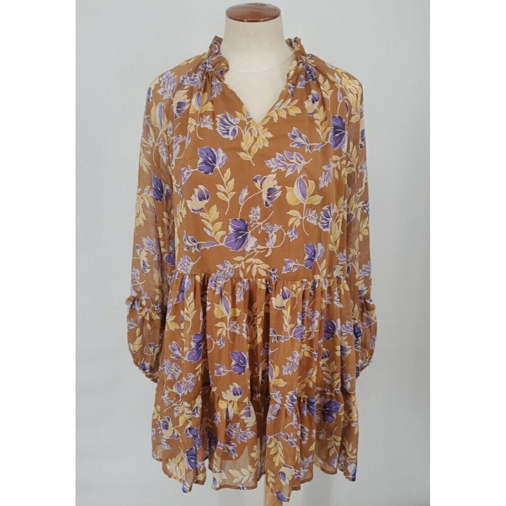 Altar'd State Dress Womens S Brown Floral Tiered Peasant Sleeve Mini Boho Puff